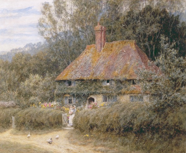 HELEN ALLINGHAM, Valewood Farm under Blackwood, Surrey (w/c on paper) (Genremalerei, Landschaft, Cottage, Bauernhof, ländlich, Mutter, Kind, Gänse, Idylle, Harmonie, romantisierend, süßlich, Wohnzimmer, Wunschgröße, Malerei, bunt)