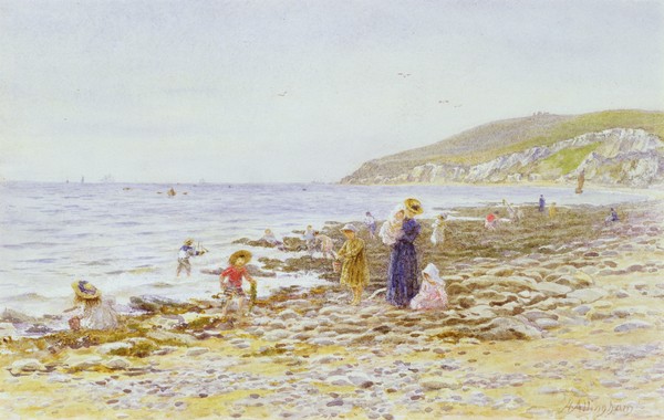 HELEN ALLINGHAM, On the Beach (w/c on paper) (Genremalerei, Strand, Meer,  Spaß, Sommer, Mutter, Kinder, Idylle, Harmonie, romantisierend, süßlich, Wohnzimmer, Wunschgröße, Malerei, bunt)