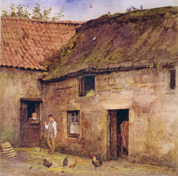 HELEN ALLINGHAM, The Farmyard (w/c on paper) (Genremalerei, Cottage, Farm, Bauernhaus, Hühner, Idylle, Harmonie, romantisierend, süßlich, Wohnzimmer, Wunschgröße, Malerei, bunt)