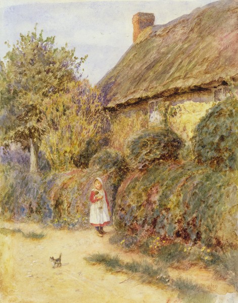 HELEN ALLINGHAM, Straying (w/c on paper) (Genremalerei, Cottage, Bauernhof, ländlich, Kind, Kätzchen, Idylle, Harmonie, romantisierend, süßlich, Wohnzimmer, Wunschgröße, Malerei, bunt)