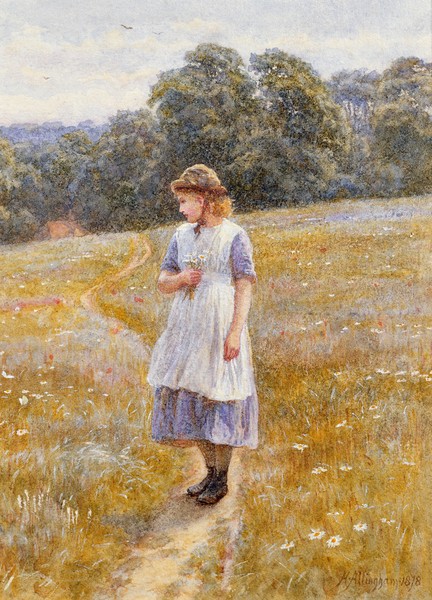 HELEN ALLINGHAM, Daydreamer, 1878 (w/c on paper) (Genremalerei, Landchaft, Feldweg, Mädchen, Blumen pflücken, ländlich, Idylle, Harmonie, romantisierend, verträumt, süßlich, Wohnzimmer, Wunschgröße, Malerei, bunt)