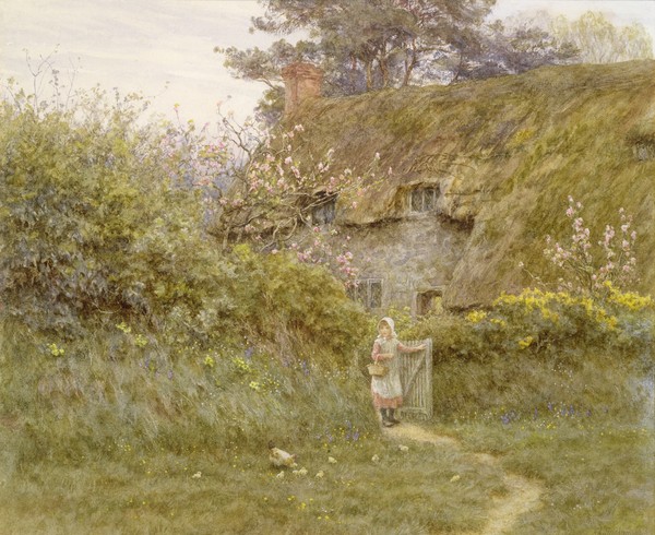 HELEN ALLINGHAM, Springtime (w/c on paper) (Genremalerei, Landschaft, Mädchen, Huhn, Küken, Cottage, Bauernhof, ländlich, Idylle, Harmonie, romantisierend, süßlich, Wohnzimmer, Wunschgröße, Malerei, bunt)