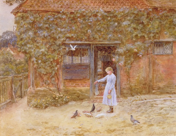 HELEN ALLINGHAM, A cottage at Shere, c.1875 (w/c on paper) (Genremalerei, Bauernhaus, Farm, ländlich, Mädchen, Tauben füttern, Idylle, Harmonie, romantisierend, süßlich, Wohnzimmer, Wunschgröße, Malerei, bunt)