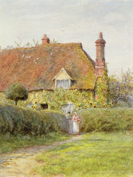 HELEN ALLINGHAM, Sunflower Cottage (w/c on paper) (Genremalerei, Landschaft, Cottage, Bauernhof, ländlich, Frauen, Sonnenblumen, Idylle, Harmonie, romantisierend, süßlich, Wohnzimmer, Wunschgröße, Malerei, bunt)