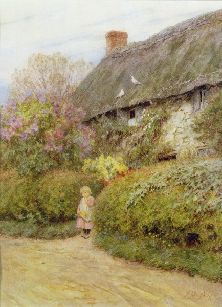 HELEN ALLINGHAM, Freshwater Cottage (w/c on paper) (Genremalerei, Garten, Cottage, Bauernhof, ländlich, Kind, Sommer, Idylle, Harmonie, romantisierend, süßlich, Wohnzimmer, Wunschgröße, Malerei, bunt)