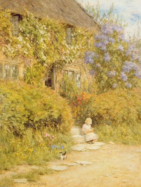 HELEN ALLINGHAM, A cottage near Crewkerne (w/c on paper) (Genremalerei, Cottage, Bauernhof, ländlich, Kind, Kätzchen, Idylle, Harmonie, romantisierend, süßlich, Wohnzimmer, Wunschgröße, Malerei, bunt)