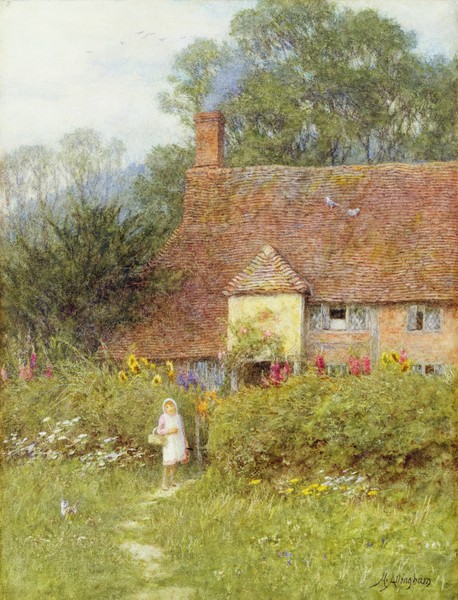 HELEN ALLINGHAM, By the Cottage Gate (w/c on paper) (Genremalerei, Landschaft, Cottage, Bauernhof, ländlich, Kind, Sommer, Idylle, Harmonie, romantisierend, süßlich, Wohnzimmer, Wunschgröße, Malerei, bunt)