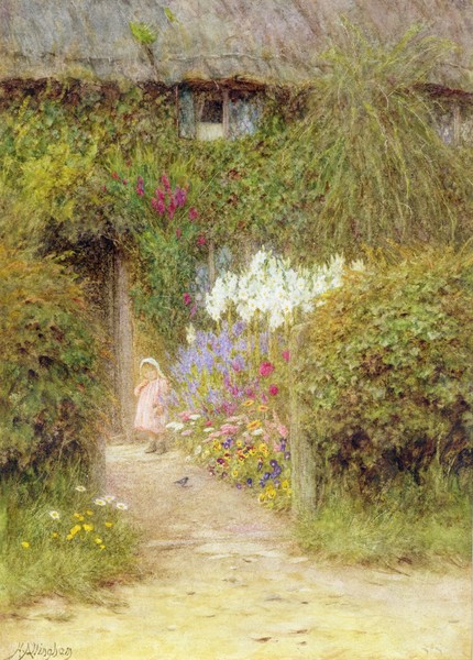 HELEN ALLINGHAM, A cottage at Redlynch (w/c on paper) (Genremalerei, Cottage, Bauernhof, ländlich, Kind, Vogel, Sommer, Idylle, Harmonie, romantisierend, süßlich, Wohnzimmer, Wunschgröße, Malerei, bunt)