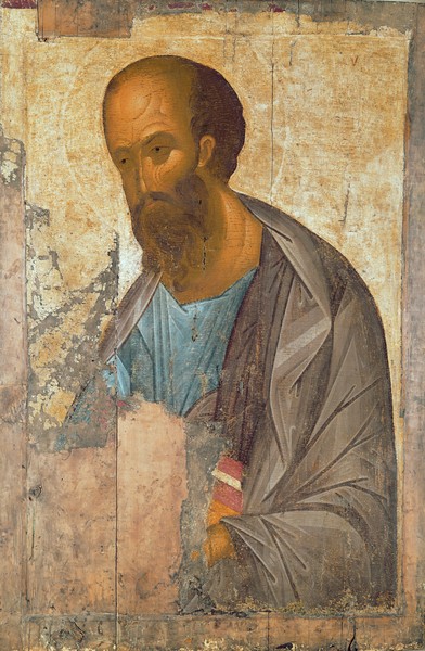 Andrei Rublev, St Paul, 1407 (tempera on panel) (Ikone, 14. Jahrhundert, Paulus, Apostel, Klassiker, russisch, Ikonenmalerei, Schlafzimmer, Wohnzimmer, Wunschgröße, gold/bunt)