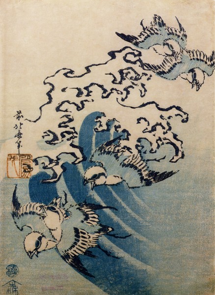 Katsushika Hokusai, Waves and Birds, c.1825 (colour woodblock print)