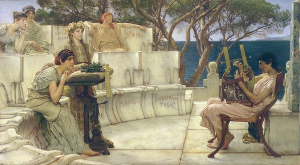 Lawrence Alma-Tadema, Sappho and Alcaeus, 1881 (oil on panel) (griechische Dichterin, Musiker, Lyra, Theaterruine, Ruine, antikisierend, romantisierend,  Akademischer Realismus, Idylle, Malerei, Wunschgröße, Wohnzimmer, bunt)