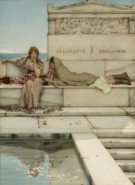 Lawrence Alma-Tadema, Xanthe and Phaon, 1883 (w/c on paper) (Phaon, Fahrmann, Adonis, Schönheit, unwiderstehlich, antikisierend, romantisierend,  Akademischer Realismus, Idylle, Malerei, Wunschgröße, Wohnzimmer, bunt)