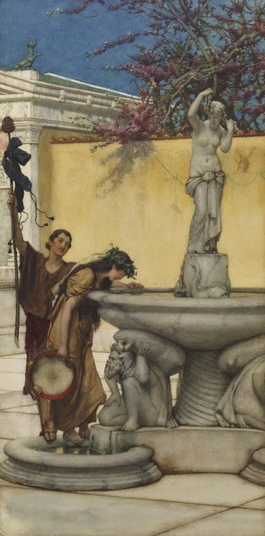 Lawrence Alma-Tadema, Twixt Venus and Bacchus, 1882 (w/c on paper) (Venusbrunnen, Venus, Skulptur, Frau, Musikantin, Bacchus, Weingott, Mythologie, antikisierend, romantisierend,  Akademischer Realismus,  Malerei, Wunschgröße, Wohnzimmer, bunt)