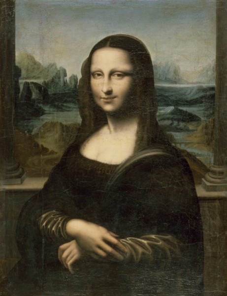 Leonardo da Vinci, Mona Lisa (oil on canvas) (Renaissance, Malerei, Portrait, La Gioconda, Frau, Kopf, Lächeln, Landschaft, Schlafzimmer, Wohnzimmer,  Klassiker, Wunschgröße, bunt)