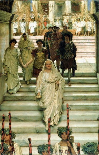 Lawrence Alma-Tadema, The Triumph of Titus: The Flavians, 1885 (oil on panel) (Rom, Flavier, Titus, Triumph, Held, Kaiser, antikisierend,  Akademischer Realismus, Idylle, Malerei, Wunschgröße, Wohnzimmer, bunt)
