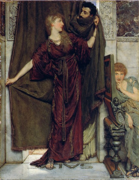 Lawrence Alma-Tadema, My Sister Is Not In, 1879 (oil on panel) (Frauen, Schwesterm Schutz, Gefahr, Lüge,Eindringling, antikisierend, Akademischer Realismus, Malerei, Wunschgröße, Wohnzimmer, bunt)