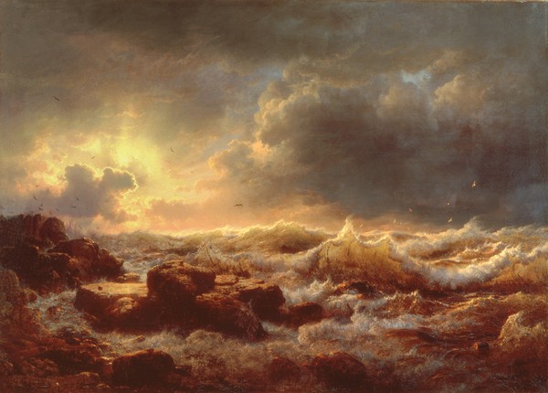 Andreas Achenbach, Clearing Up - Coast of Sicily, 1847 (oil on canvas) (Seestück, Meer, Wellen, Wolken, Unwetter, stürmisch, Meeresbrise, Malerei, Wunschgröße, Wohnzimmer, bunt)