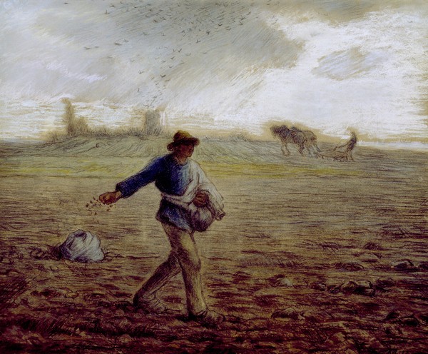 Jean-Francois Millet, The Sower, c.1865 (pastel & crayon on paper) (Bauerngenre, Landarbeit, mühsam, anstrengend, Feldarbeiter,  Feld, Sämann, Getreide, Körner, Realismus, Malerei, Wohnzimmer, Klassiker, Wunschgröße, bunt)