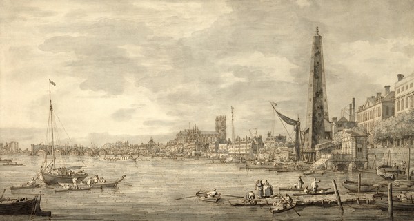 Canaletto, The Thames Looking towards Westminster from near York Water Gate (pen and brown ink with grey wash on paper)
