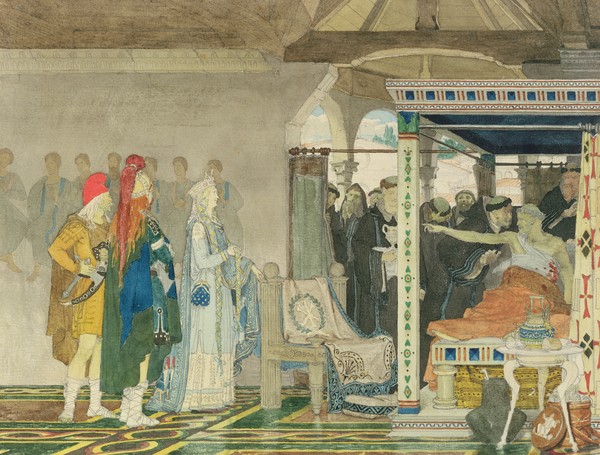 Lawrence Alma-Tadema, Fredegonda at the Deathbed of Praetextatus (pencil and w/c on paper) (Senator, Totenbett, Fredegunde, römisch, antikisierend, romantisierend,  Akademischer Realismus, Idylle, Malerei, Wunschgröße, Wohnzimmer, bunt)