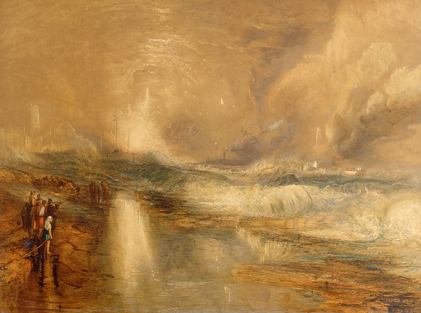 Joseph Mallord William Turner, Rockets and Blue Lights, 1855 (chromolitho) (Meer, Bombardierung, Kanonenkugeln, Einschläge, diffus, Dunst, Meeresbrise, Romantik, Malerei, Klassiker, Wohnzimmer, Wunschgröße, bunt)