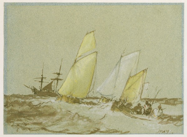 Joseph Mallord William Turner, Shipping, c.1828-30 (pen, brush & brown ink, bodycolour and graphite on blue paper)