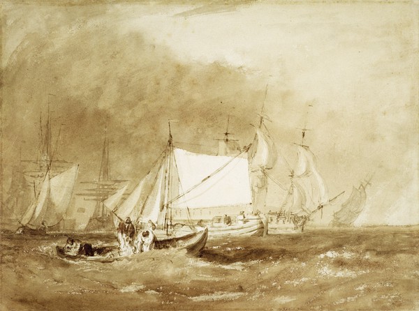 Joseph Mallord William Turner, Shipping Scene, with Fishermen, c.1815-20 (brush & brown ink on paper)