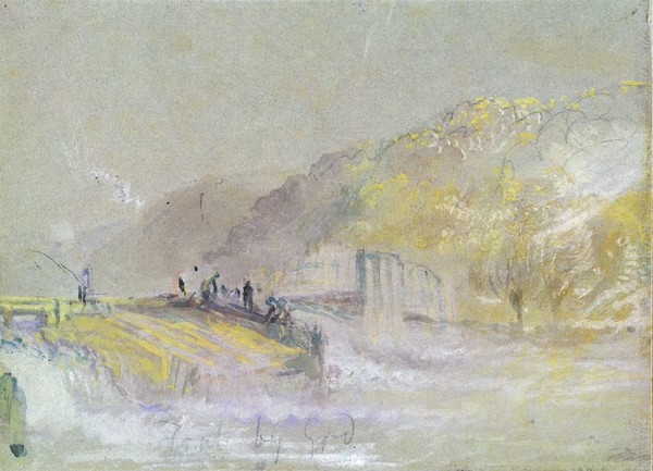 Joseph Mallord William Turner, Foul by God: River Landscape with Anglers Fishing from a Weir, c.1830 (w/c & bodycolour with pencil & chalk on paper)
