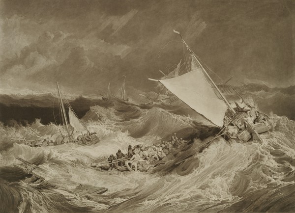 Charles Turner, A Shipwreck, 1806 (mezzotint with graphite & w/c) (Schiffsbruch, Meer, Sturm, Unwetter, Wellen, Seegang, Rettungsboot, Gefahr, Meeresbrise, Grafik, Radierung, Wunschgröße, Wohnzimmer, Treppenhaus, schwarz/weiß)