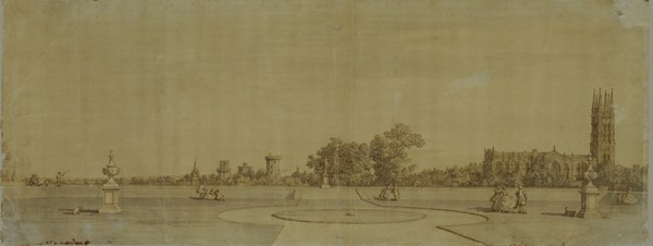 Canaletto, Warwick: The Town and Castle from the Priory Gardens (pen & brown ink over graphite)