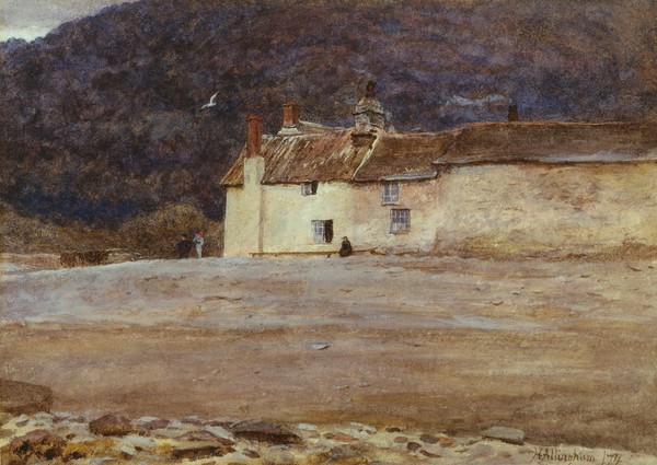 HELEN ALLINGHAM, The Last House in Lynmouth, 1874 (w/c on paper) (Genremalerei, Landschaft, Küste, England, Haus, Einsamkeit, Wohnzimmer, Wunschgröße, Malerei, bunt)