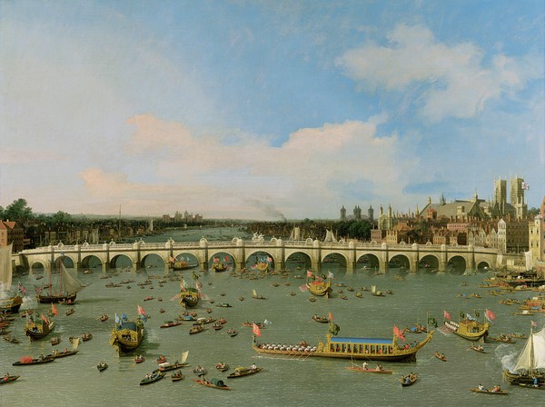 Canaletto, Westminster Bridge, London, With the Lord Mayor's Procession on the Thames (oil on canvas)