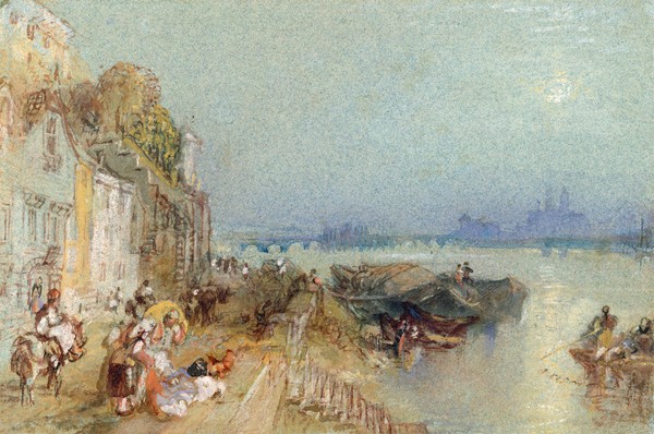 Joseph Mallord William Turner, Andernach, 1817 (w/c with pen and black ink on wove paper) (Rhein, Uferweg, Handel, Stadt, Deutschland, Romantik, Malerei, Klassiker, Wohnzimmer, Wunschgröße, bunt)