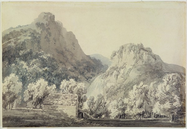 Joseph Mallord William Turner, Waterfall at Lodore, Cumberland (grey & blue wash over graphite on paper)
