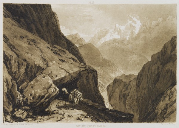 Charles Turner, Mt. St. Gothard (etching) (Gebirge, Berge, St. Gotthard, Alpen, Schweiz, Packesel, Landschaft, Gebirgspfad, Grafik, Radierung, Wunschgröße, Wohnzimmer, Treppenhaus, schwarz/weiß)