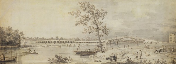 Canaletto, Old Walton Bridge seen from the Middlesex Shore, 1755 (pen & ink with wash on paper)