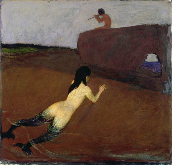 Franz von Stuck, Belanschung (oil on canvas) (Belauschung, Nymphe, Fischschwänze, Musiker, Flötespieler, Meer, Symbolismus, Malerei, Wunschgröße, Wohnzimmer, Klassiker, bunt)