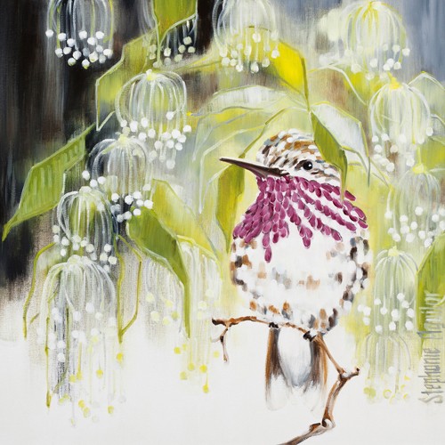 Stephanie Aguilar, Jeweled (Vogel, Singvogel, Juwelen, Zauberwald, filigran, zart, verwunschen, Fatansy, Malerei, Wunschgröße, Wohnzimmer, Schlafzimmer, Treppenhaus, bunt)