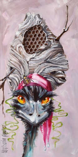 Stephanie Aguilar, Emu with Hornet`s Nest (Vogel, Emu, skurril, grimmig, surreal, Wespennest, Kopfschmuck, Malerei, Wunschgröße, Wohnzimmer, Treppenhaus, bunt)