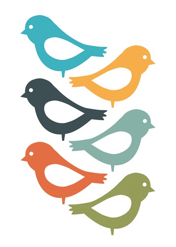 Ayse, Playful Birds (Vögel, naiv, bunt, Retro, Treppenhaus, Kinderzimmer, Wunschgröße, Grafik)