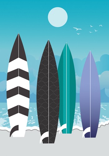 Ayse, Surfboards (Wassersport, Surfbretter, Strand, Meer, Grafik, modern, Plakativ, Wunschgröße, Treppenhaus, Wohnzimmer, bunt)
