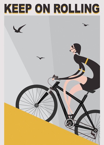 Ayse, Keep on Rolling (Fahrrad, Radfahrer, Mountainbike, Bergauf, Anstrengung, Grafik, Plakativ, Wunschgröße, Treppenhaus, Wohnzimmer, bunt)