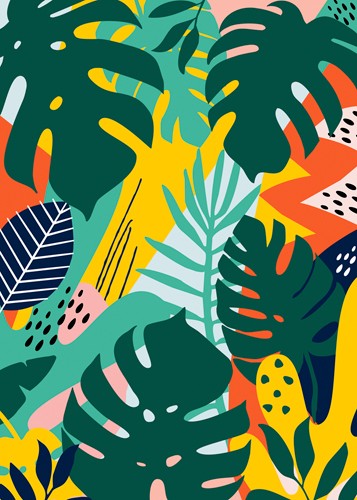 Ayse, Tropical Leaves One (Blätter, Dschungel, tropisch, Grafik, Pop Art, Plakativ, Wunschgröße, Treppenhaus, Wohnzimmer, bunt)