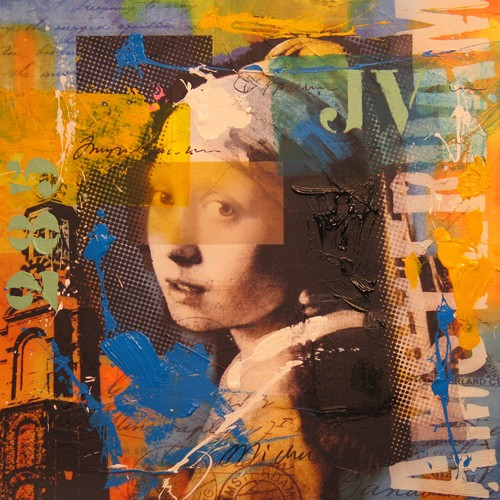 Micha Baker, Girl pearl - Vermeer (Mädchen, Perlohringe, Vermeer, Persönlichkeiten, Portrait, Idol, Pop Art, Collage, Typografie, Jugendzimmer, Wohnzimmer, Treppenhaus, Wunschgröße, bunt)