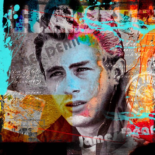 Micha Baker, James Dean (Schauspieler, James Dean, Persönlichkeiten, Portrait, Idol, Pop Art, Collage, Typografie, Fotokunst, Jugendzimmer, Wohnzimmer, Treppenhaus, Wunschgröße, bunt)