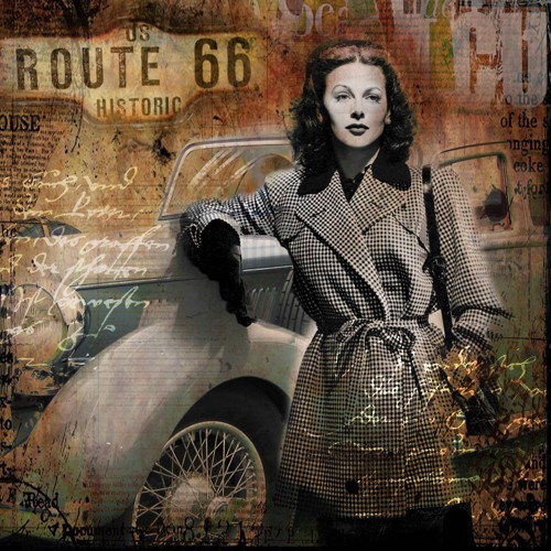 Micha Baker, Route 66 (Frau, Dame, Oldtimer, Persönlichkeiten, Portrait, Idol, Pop Art, Collage, Typografie, Fotokunst, Jugendzimmer, Wohnzimmer, Treppenhaus, Wunschgröße, bunt)