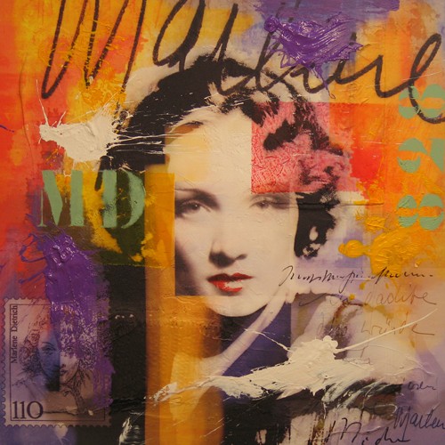 Micha Baker, Marlene (Marlene Dietrich, Schauspielerin, Persönlichkeiten, Portrait, Idol, Pop Art, Collage, Typografie, Fotokunst, Jugendzimmer, Wohnzimmer, Treppenhaus, Wunschgröße, bunt)