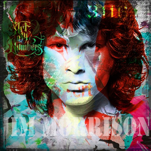 Micha Baker, Jim Morrison (Doors, Jim Morrison, Sänger,, Muisker, Rockstar, Persönlichkeiten, Portrait, Idol, Pop Art, Collage, Typografie, Fotokunst, Jugendzimmer, Wohnzimmer, Treppenhaus, Wunschgröße, bunt)