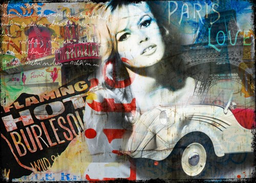 Micha Baker, Brigitte (Brigitte Bardot, Schauspielerin, Persönlichkeiten, Portrait, Idol, Pop Art, Collage, Typografie, Fotokunst, Jugendzimmer, Wohnzimmer, Treppenhaus, Wunschgröße, bunt)