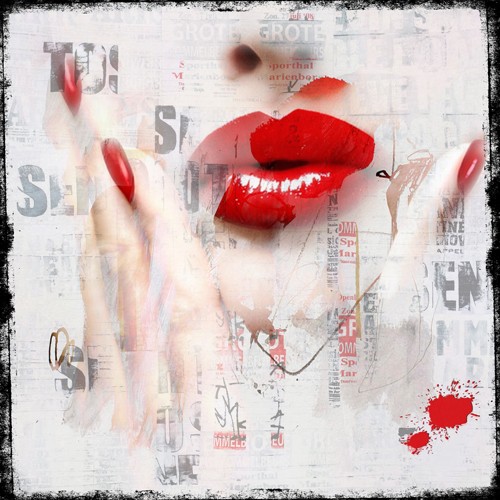 Micha Baker, Red Lips (Mund, Kussmund, rote Lippen, Lippenstift, Verführung, Frau, Pop Art,Typographie, Fotokunst, Jugendzimmer, Wohnzimmer, Treppenhaus, Wunschgröße, bunt)